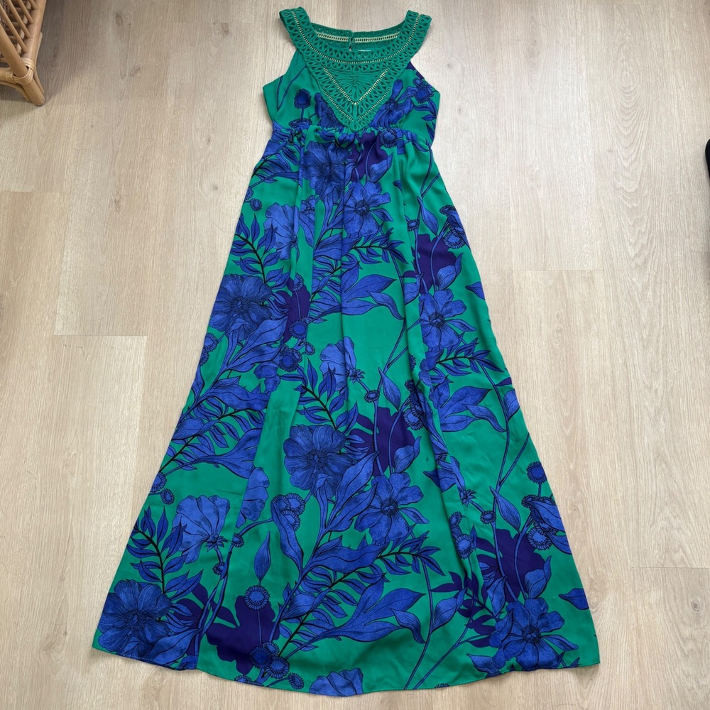 Edme & Esyllte Anthropologie Green Blue Floral Crochet Bib Maxi Dress‎ Size 2
